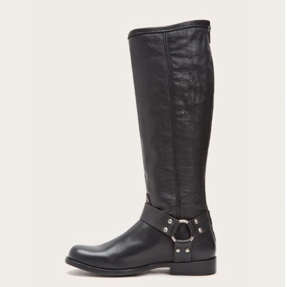 FRYE Philip Harness Tall Black Leather Riding Boots Knee-High Zip